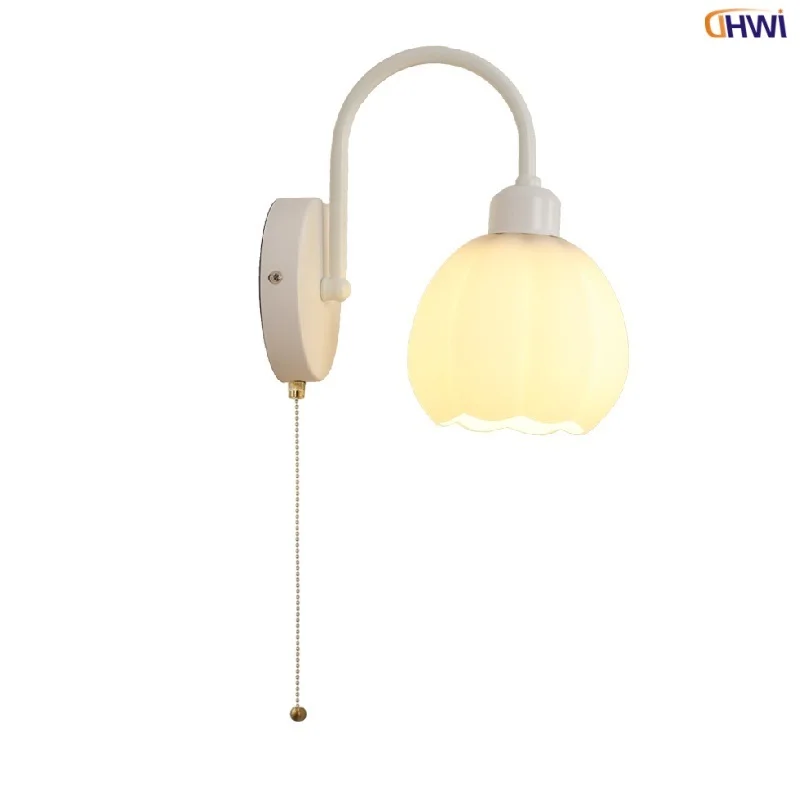 

IWHD White Glass LED Wall Lights Fixture Bar Porch Dining Room Modern Simple Pull Chain Switch Bedside Lamp Iron Stair Light