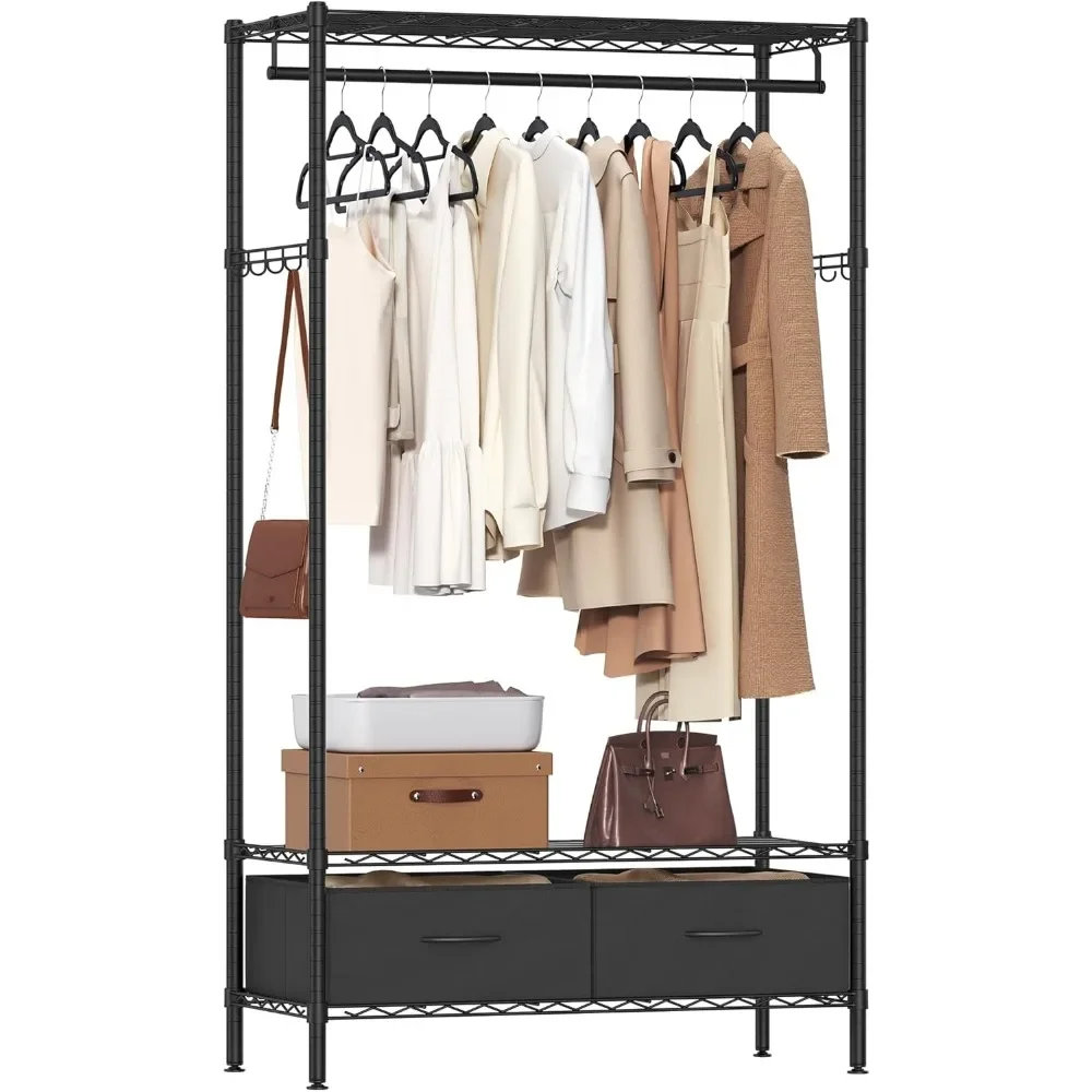 Wardrobe, Heavy Duty Portable Wardrobe, Hanger with Mesh Rack, Freestanding Wardrobe Holder, 2 Fabric Drawers, Rail, Hooks