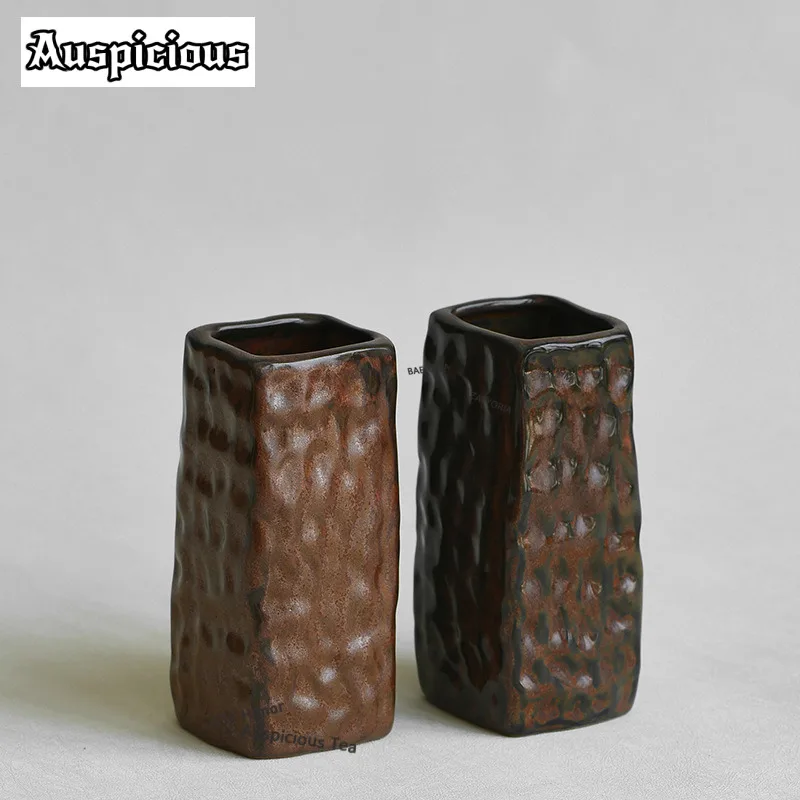 ZAEYORIA Chiraku-yaki Zen Hydroponic Flower Arrangement Coarse Pottery Decorative Vase Ornaments  Hammer Square Flower Vessel