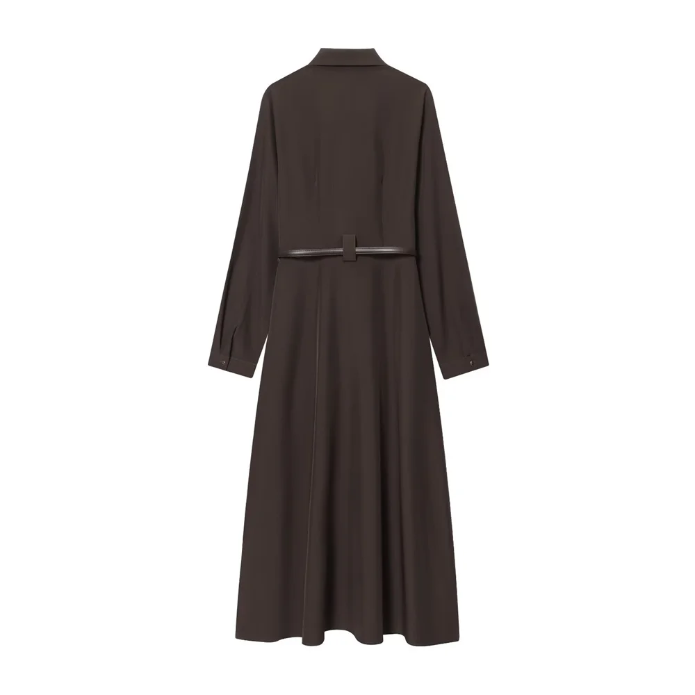 مزاج الملابس النسائية الجديدة للخريف والشتاء، ياقة بأكمام طويلة وأزرار حتى تنورة طويلة مع حزام، فستان ميدي على طراز القميص