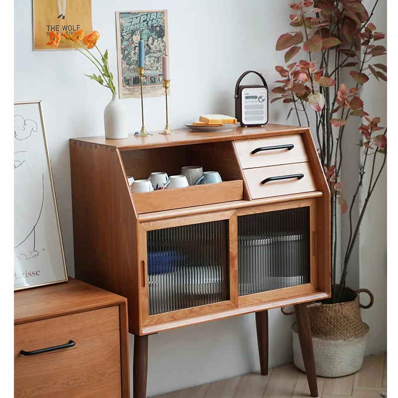 Japanese simple solid wood log small apartment dining side cabinet tea bar table pure solid wood furniture