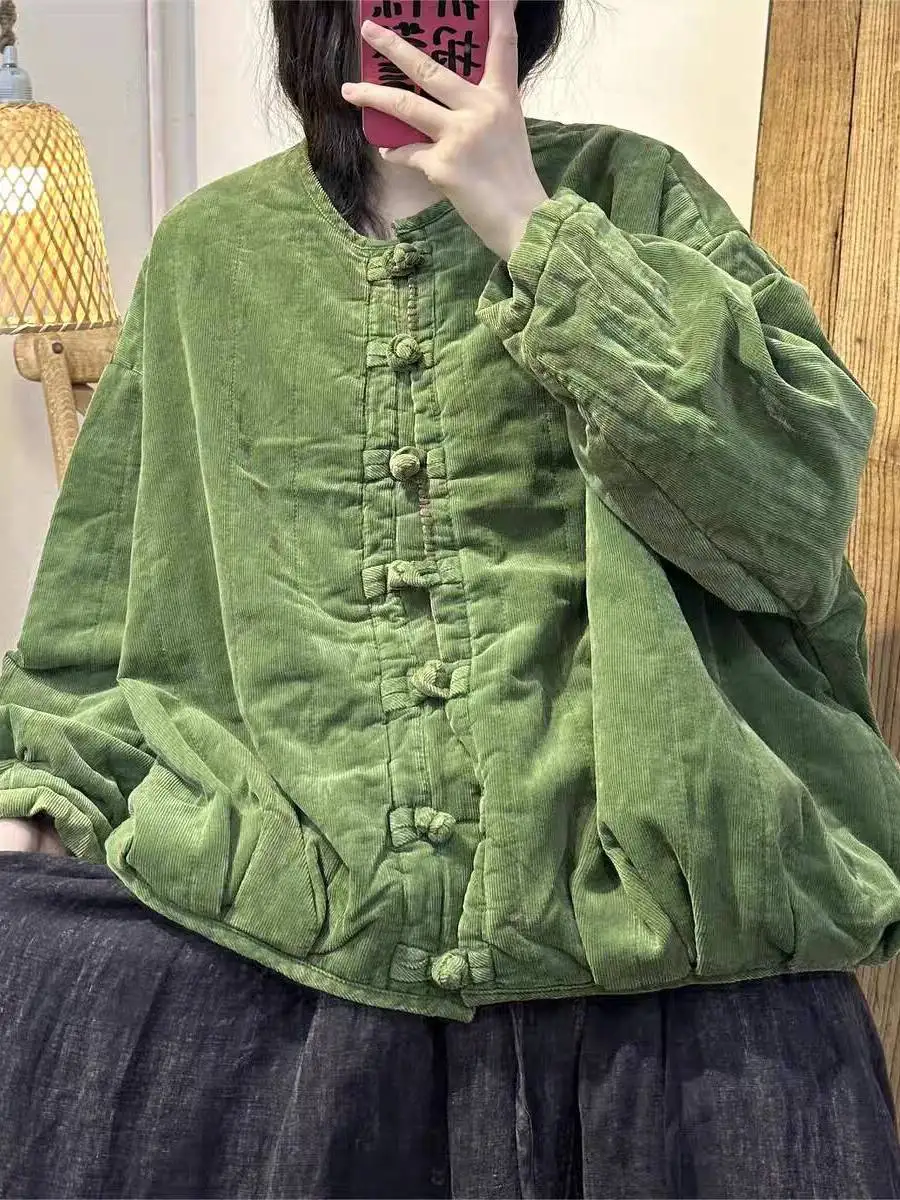 

Thiened Cotton Padded Jaet Women's Busin Sle Long Sve Pure Color Button Design Warm And Cozy Winter Outerwear