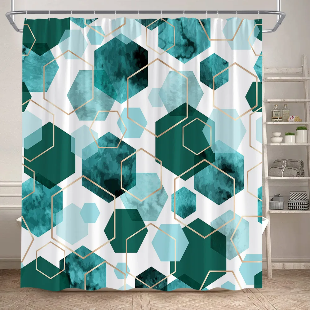 Blue Cube Shower Curtain Modern Geometric Bathroom Curtains Golden Line Nordic Art Polyester Fabric Home Decor Set with Hooks