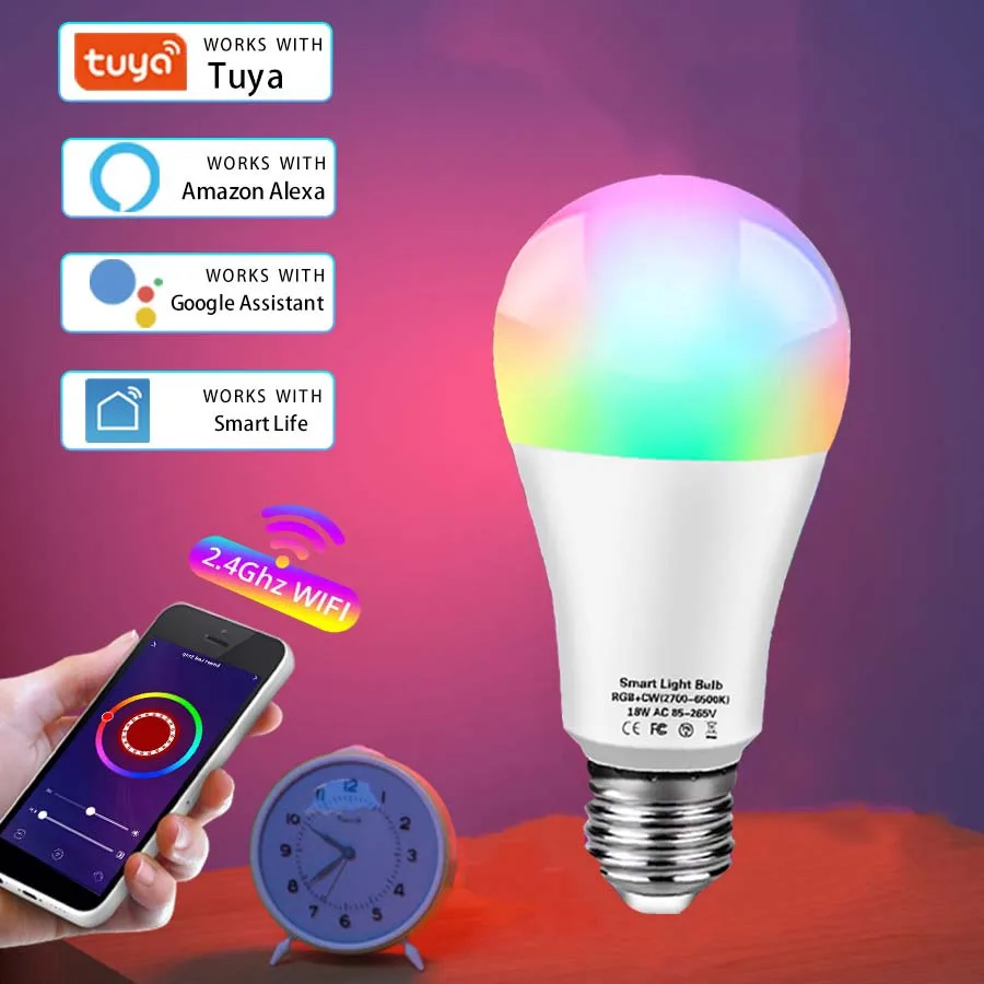 

Tuya Smart WiFi Bulb E27 Alexa LED Lamp RGB 85-265V 12W 15W 18W Smart Life APP Works With Google Assisatnt Voice Control