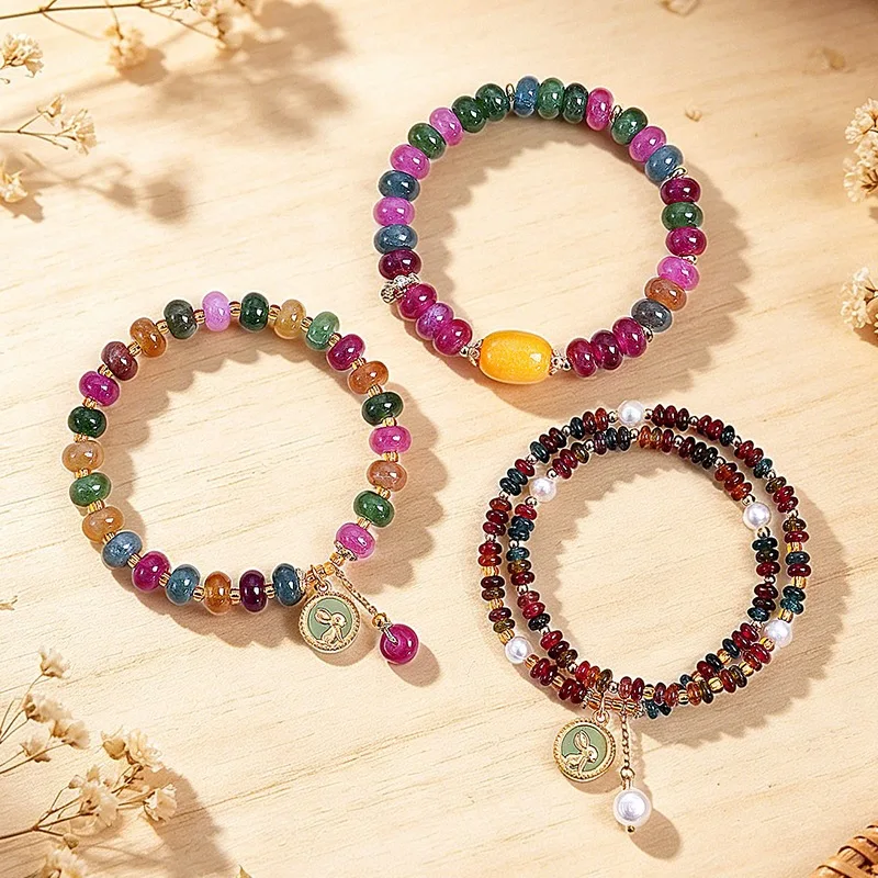 Chinese Style Lucky Blessing Colorful Tourmaline Abacus Beads Yellow Jade Chalcedony Bracelet For Women Exquisite Vintage Good view 4