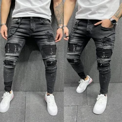 Fashion Men Jeans Patch Elastic Jean Slim Fit for Plus Size Retro Streetwear Ripped Skinny Pencil Denim Pants Men Clothing 2023