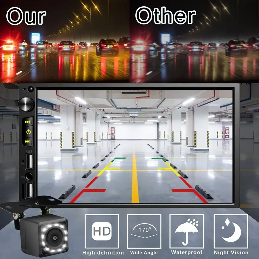 ستيريو سيارة مزدوج الدين 7 بوصة مع Apple Carplay، راديو سيارة FM بلوتوث، كاميرا احتياطية، شاشة لمس HD IPS 1024 600، مرآة Lin، Bui