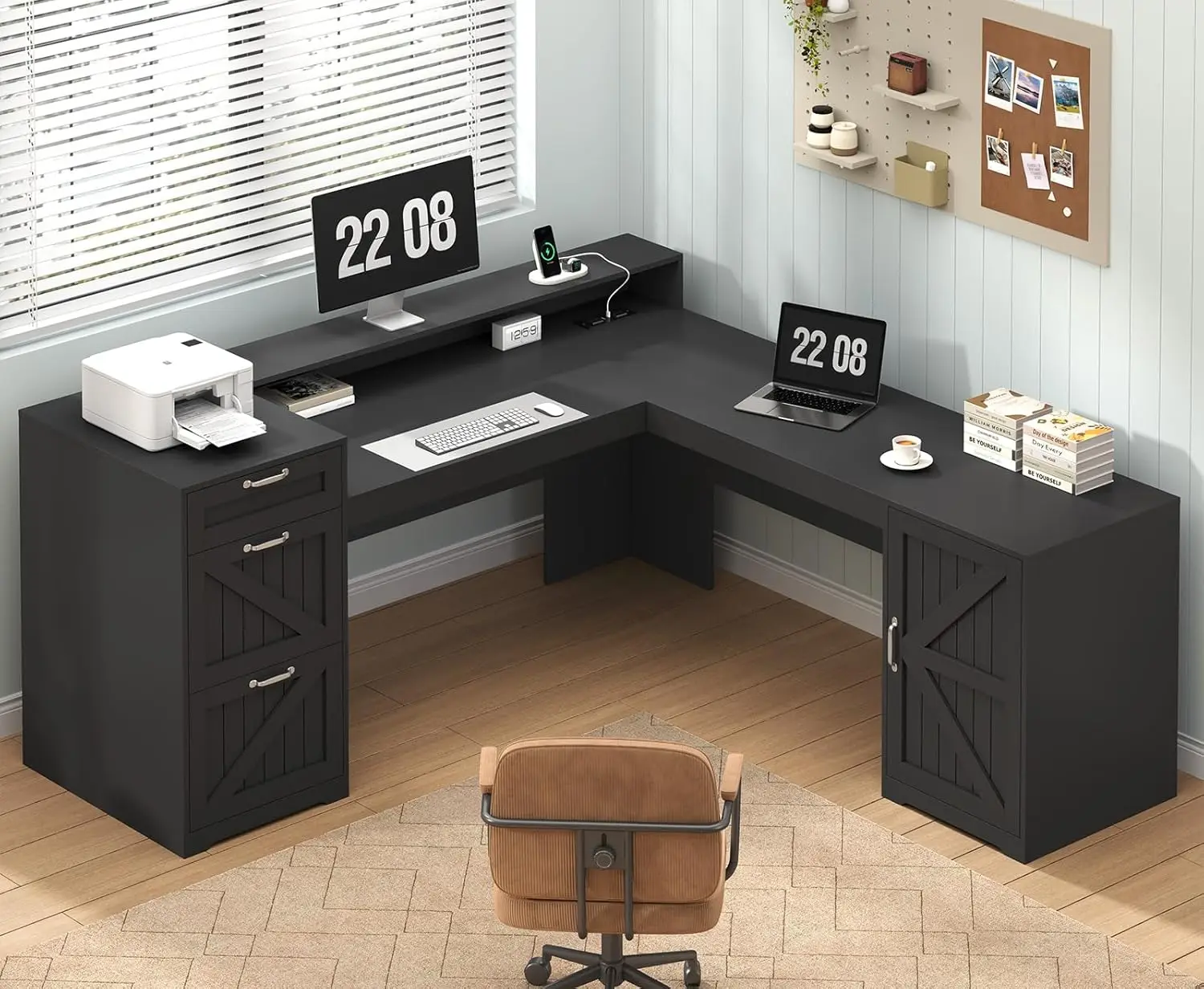 

#L Shaped Desk 59in 3 Drawer Storage Shelf File Cabinet Power Outlet Home Office, Customized