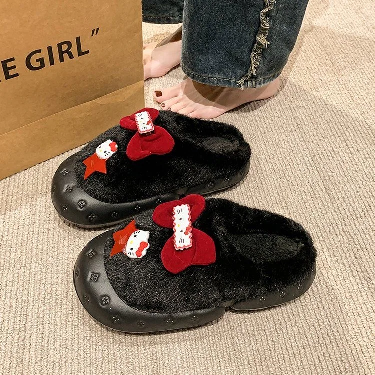 

Cartoon red bow slippers for women in winter wearing stars cute Hello Kitty furry anti slip waterproof indoor cotton slippers