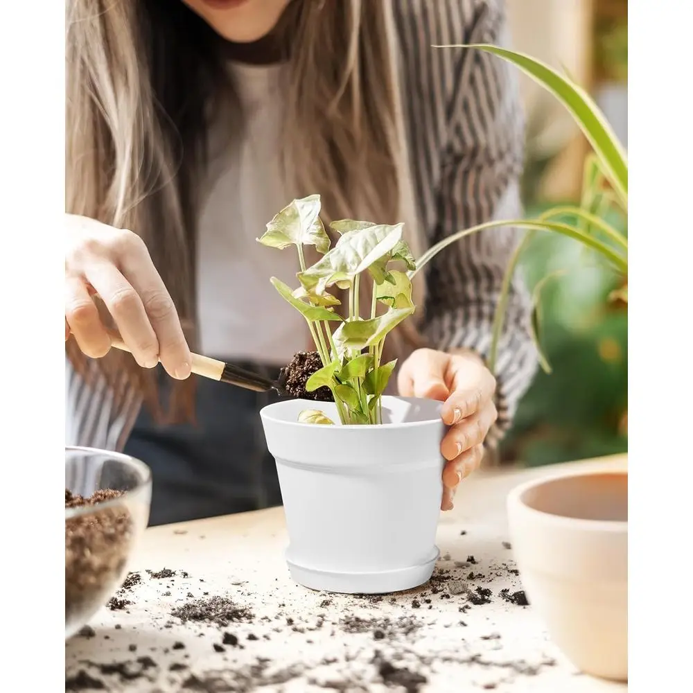 6 Inch Plastic Planters, 15 Pack with Drainage Holes and Trays for Home Garden Succulents (White)