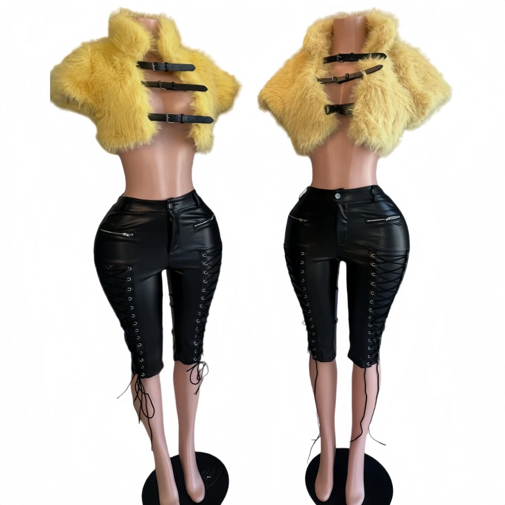 HLJ&GG Trend Fashion Hollow Two Piece Sets Women Stand Collar Fake Fur Crop Coat+Side Bandage Leather Shorts Outfits Streetwear