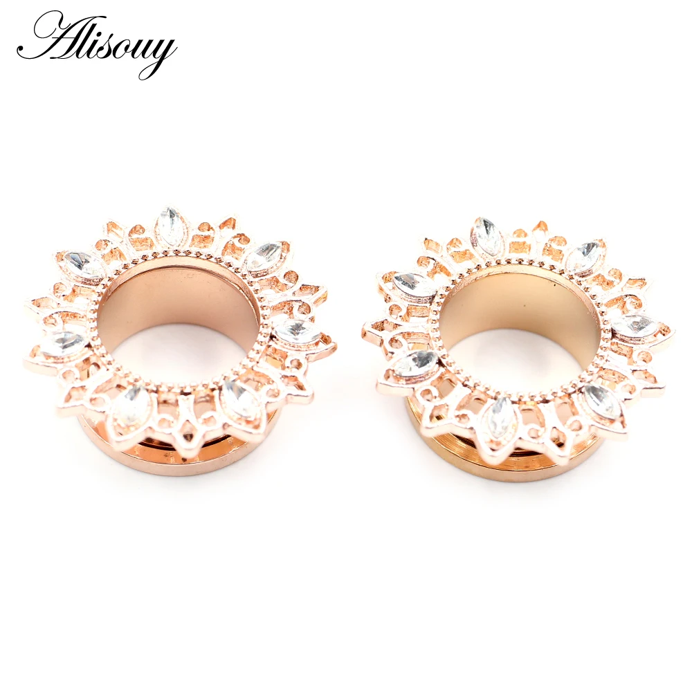 Alisouy 2 Stück Edelstahl Blume Zirkonia Mond Stern Uhr Herz Schraube Ohr Tunnel Plugs Expander Messgeräte Körper Piercing Schmuck – Detail 17