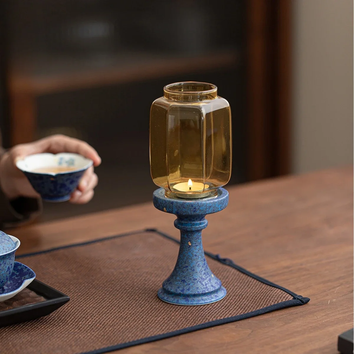 Sapphire Blue Golden Candlestick Windproof Glass Lampshade Ambient Light Zen Candle Aromatherapy Chinese Advanced Ornament Gifts