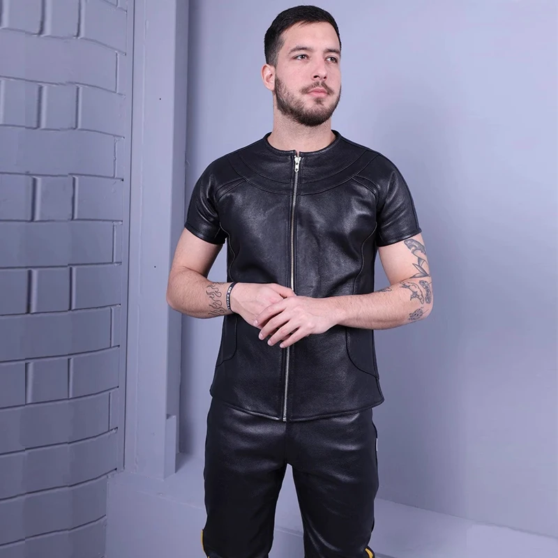 Men\'s Round Neck Splicing Black Matte Faux Leather Shirts Overcoat Male Vintage Chic Short Sleeve PU Jackets Shirt New Custom