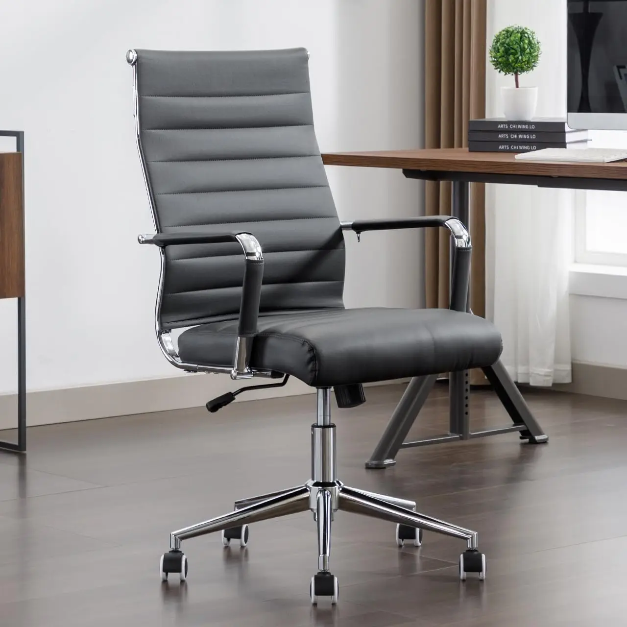 Leather, Conference Room Chairs with Wheels, Executive Modern Ergonomic Ribbed Computer Chair(Grey)
