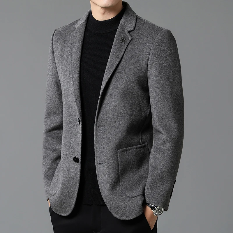 2023  Men\'s Business Double-sided Wool Tweed Youth Leisure Tweed Solid Color Small Suit Korean Version of The West Coat Blazer