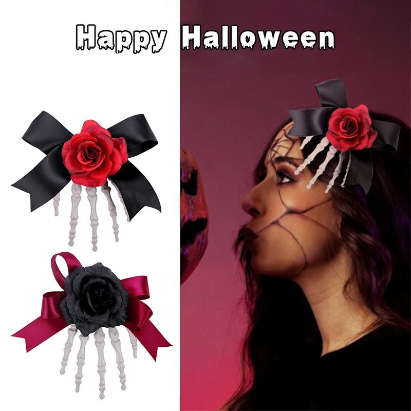 2pcs Halloween Skeleton Hand Skeleton Hairpin Ghost Festival Beautiful Horror Rose Bow Ghost Hand Side Clip