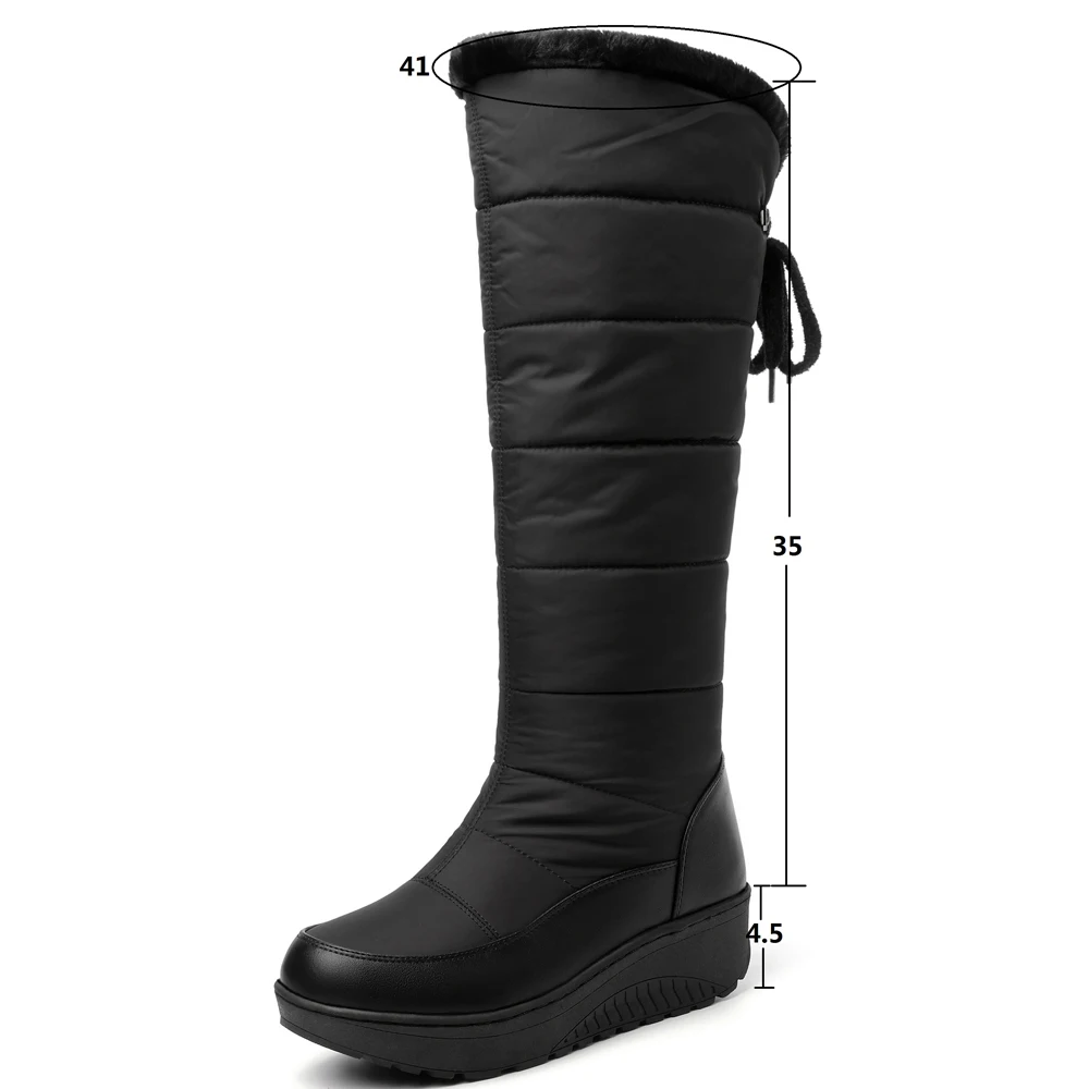 New Fashion Women Winter Knee High Boots Low Heels Platform Shoes Snow Boots Ladies Fur Luxury Wedges Black White Plus Size