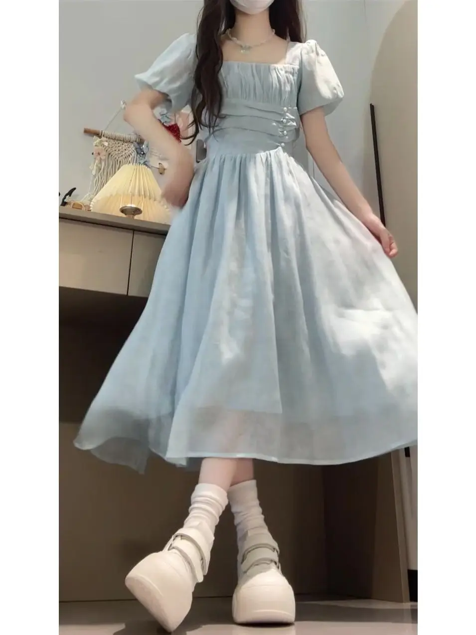 Été doux Fre collège Sle bleu col carré Dr femmes premier amour bulle Sve taille cintré fée a-ligne jupe