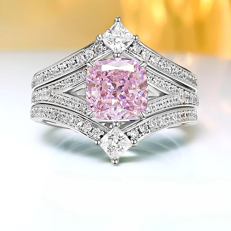 Luxury and Minimalist 925 Sterling Silver Set with Pink Diamond Ring Inlaid with High Carbon Diamond Temperament, Niche Design