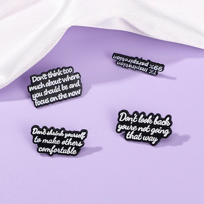 4 Black Encourage Motivational Phrase Enamel Brooches Don't Look Back You're Not Going That Way Admonition Letter Lapel Pins