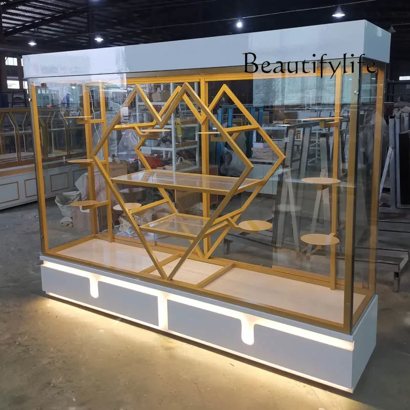 BJ White Bread Cabinet Birthday Cake Model Sample Cabinet Professional Gold Display Cabinet Wrought Iron Solid Wood Glass