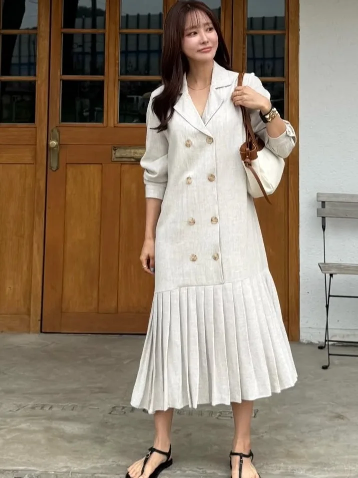 Chic Summer Spring Loose Suit Collar Double Button Plaid Skirt Dr Women's Faionable Commute Pure E-commerce Other Material