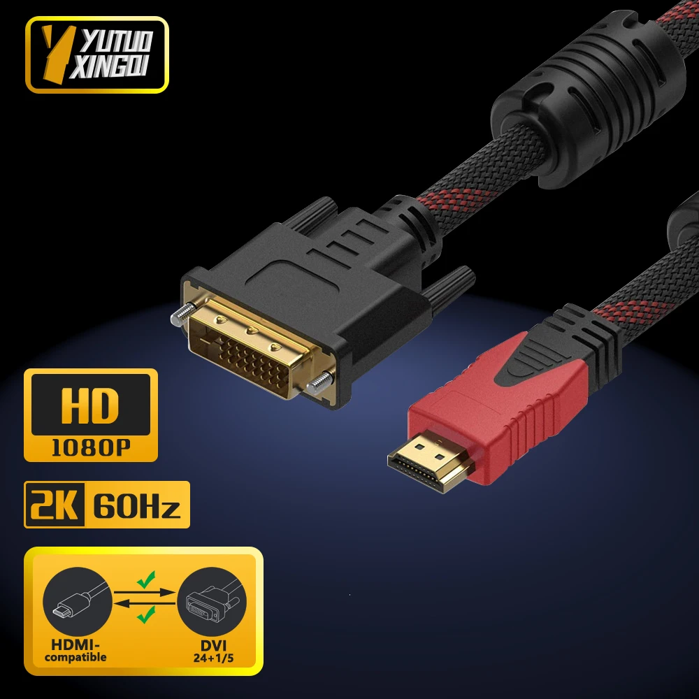 HDMI-compatible to DVI 24+1 Braided Cable With DVI 24+5 1080P HD Video Connection Computer Monitor TV Projector Converter