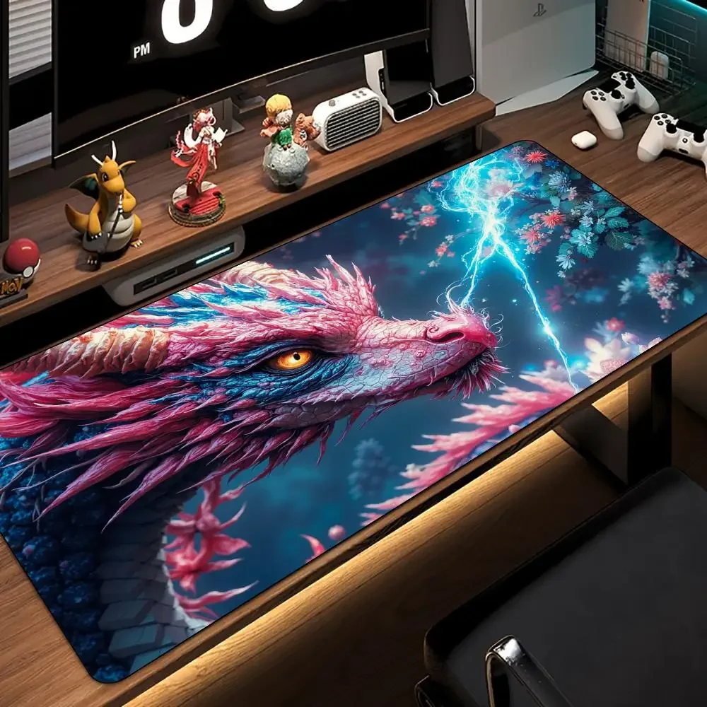 Fantasy Thunder Dragon Large Gaming Mouse Pad Pink Blue Lightning Dragon Art Non‑Slip Rubber Extended Desk Mat for PC Laptop