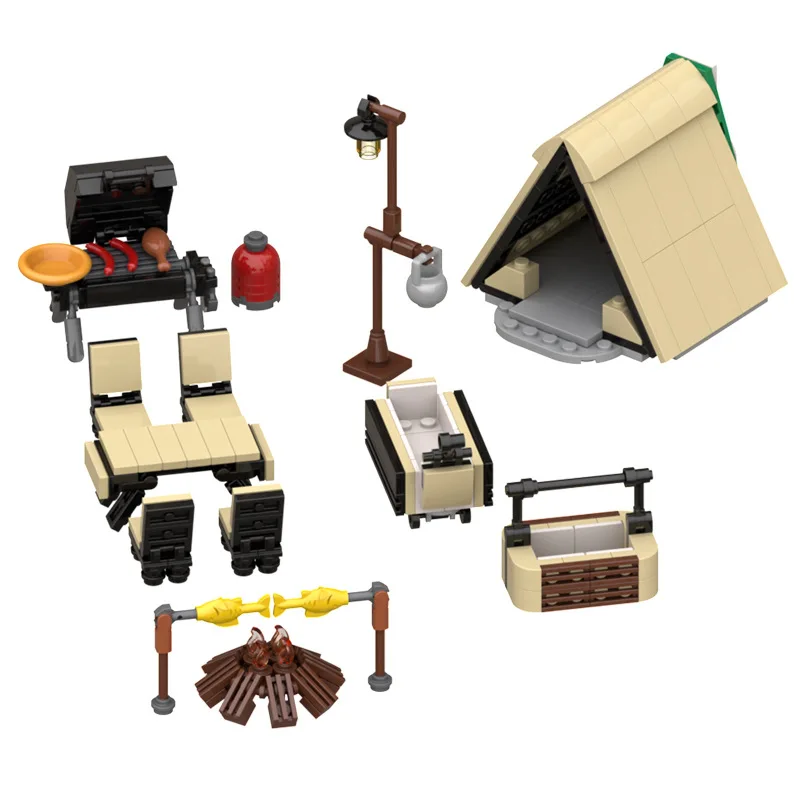 Camping, Picnic, Barbecue Rack, Camp Lamp, Tent, Campfire, Chicken Rolls Table, Assembled Vuilding Blocks, Compatible With Lego