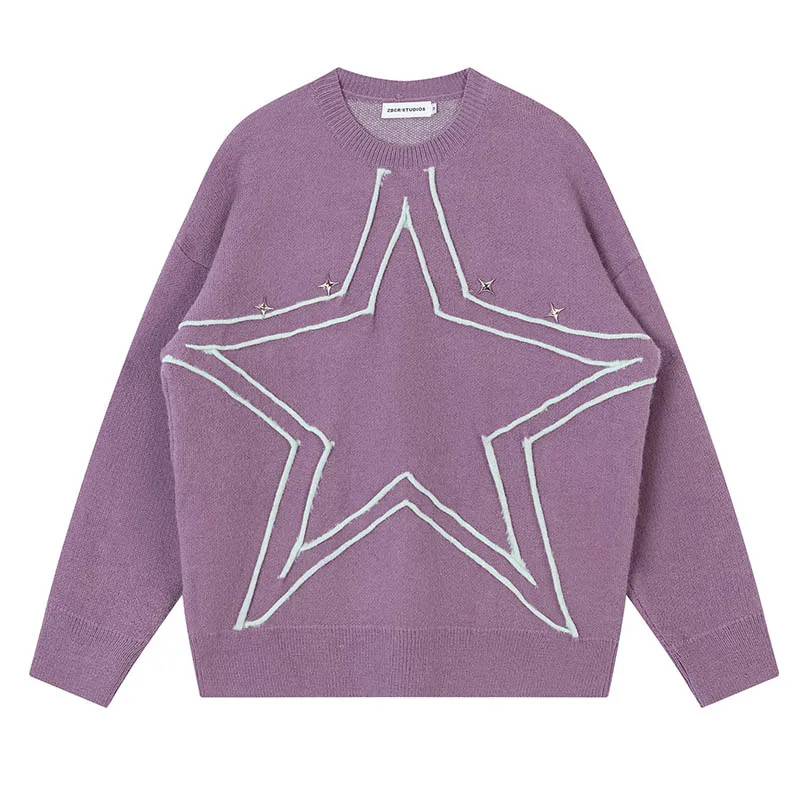 Star Paatern Casual Knitted Sweater Hip Hop Vintage Streetwear Pullover Sweater For Male Oversized