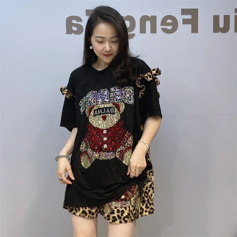

Trendy New Spring Summer Women Two-piece Set Cute Bears Diamonds Leopard T-short Top + Elastic Waist Casual Wide Leg Shorts