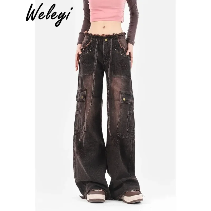 

Versatile Woman goth Jeans 2024 Spring and Autumn New American High Street Retro Brown Straight Leg Casual Wide Work Long Pants