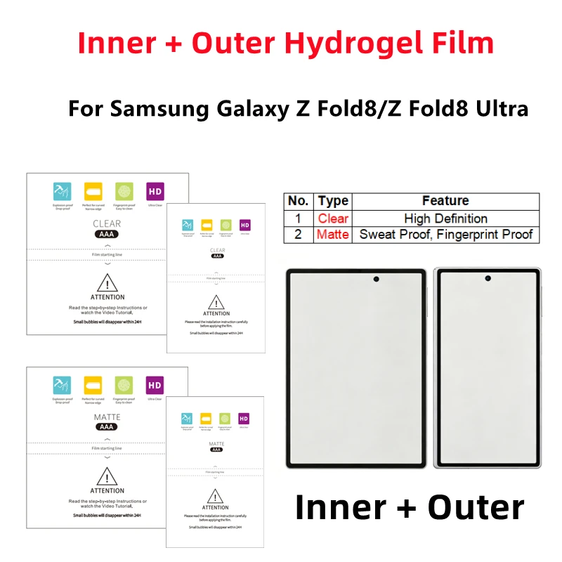 For Samsung Galaxy Z Fold8 / Z Fold8 Ultra Inner Outer Hydrogel Film Clear Matte Screen Protector Full Coverage Soft Protector