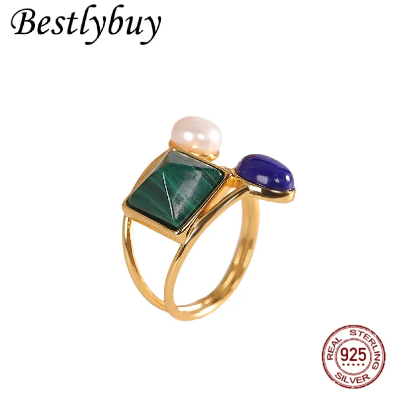 

925 Silver Gold-plated Natural Peacock Square Lapis Lazuli Pearl Irregular Ring Women's Original Light Luxury French Jewelry