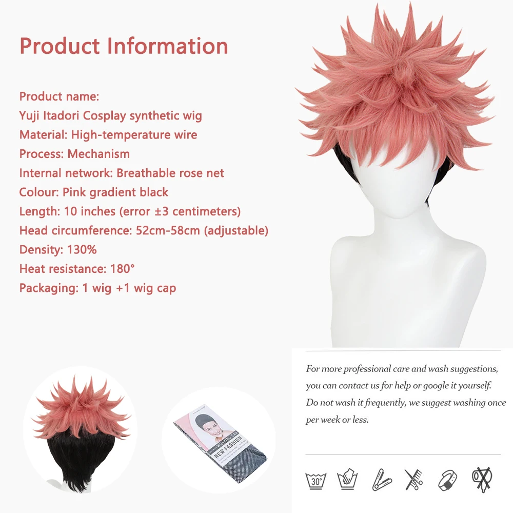 Haute qualité ‌   Anime Jujutsu Kaisen Yuji Itadori ‌   Cosplay cheveux synthétiques 10 pouces courte Halloween quotidien perruque en soie haute température