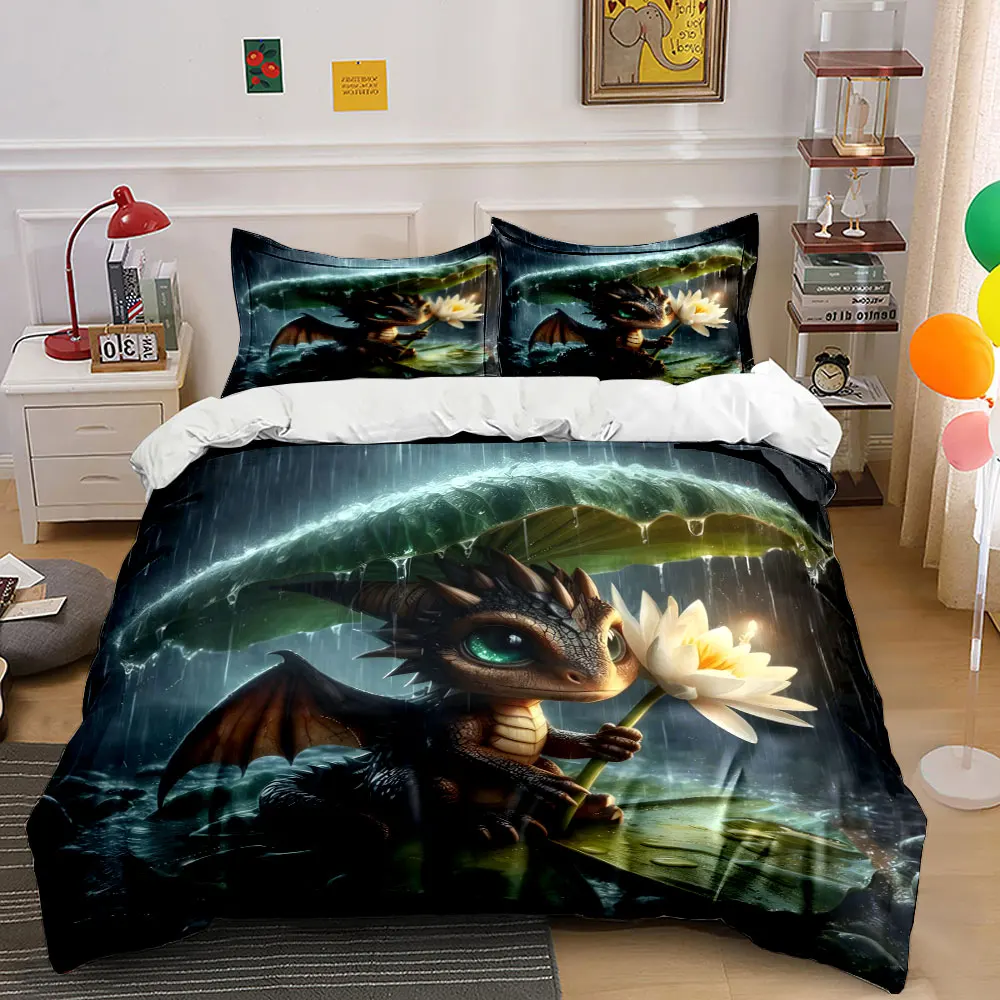 

Little dragon under leaf in rain Duvet Cover Set with 3D Printing Design Soft Polyester Bedding Set All-Season Comfort