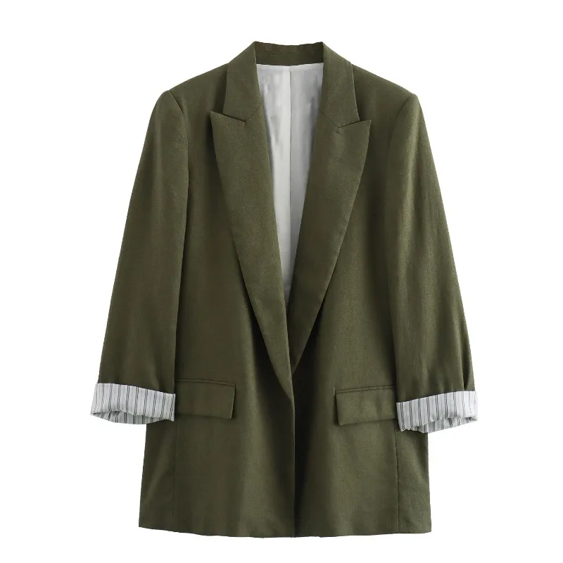 Spring and Autumn Women's Clothing Fashion Loose Lapels Pockets Suit Jacket Vintage Long Sleeves Solid Color Spliced Women Coats