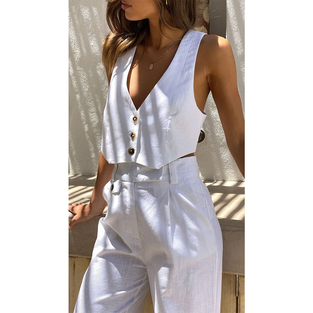 

Summer New Women's Vest and Pants Two-piece Set Solid Color Simple Vest Suit Waistcoat Women Linen Fashion Women's Clothing 2024