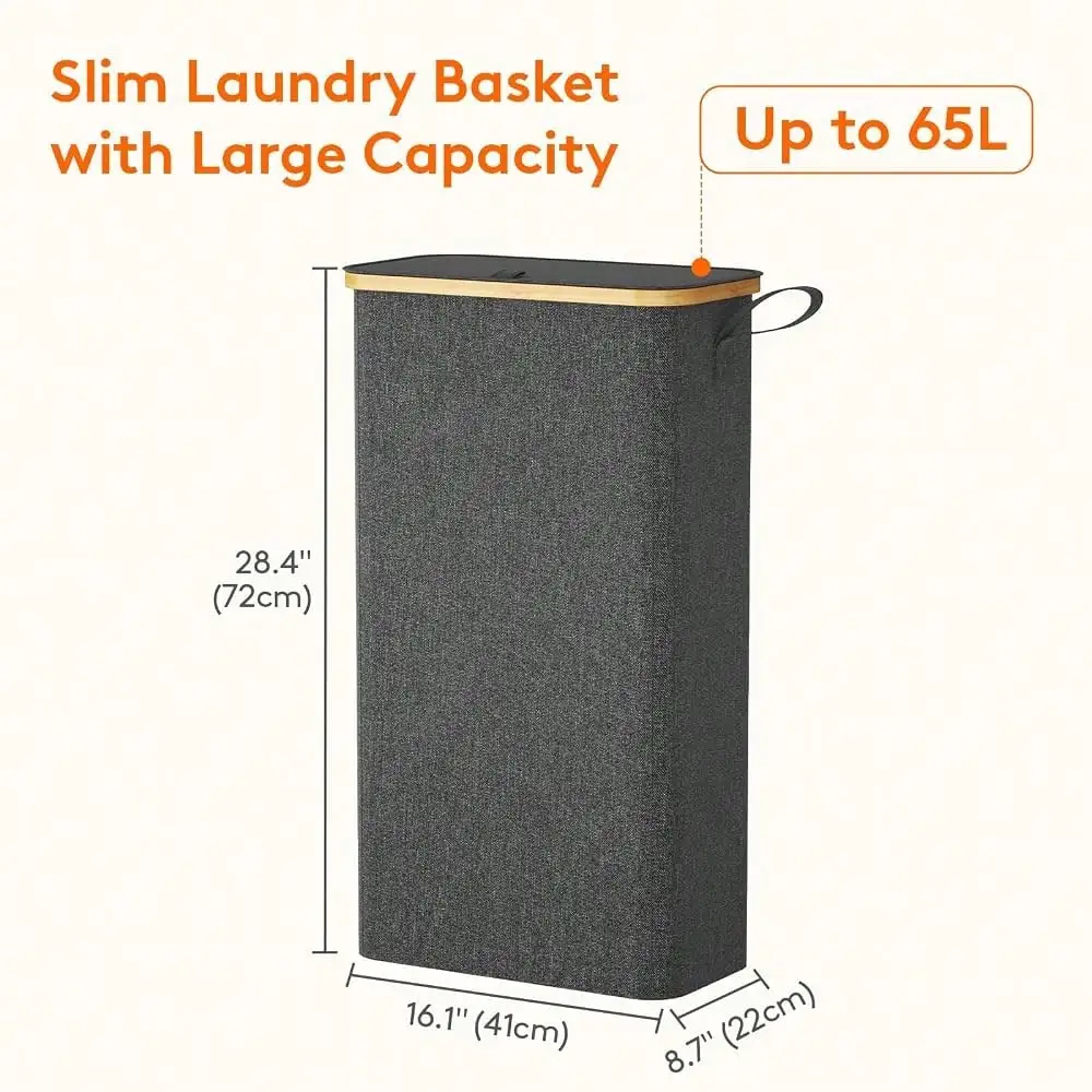 Laundry Hamper With Lid, Narrow Laundry Basket With Removable Bag & Bamboo Handles, Fodable Thin Dirty Clothes Hamper For Laundry Collapsible Bin For Bathroom Bedroom Dorm, Dark Gray