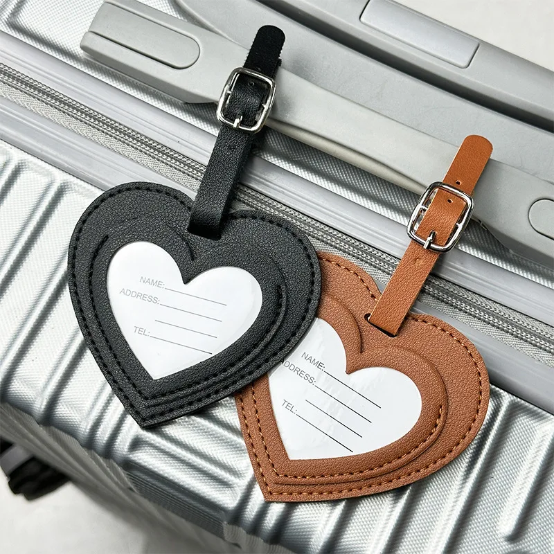 Etykieta bagażowa w kształcie serca ze skóry PU, zawieszka do walizki z adresem, identyfikator do bagażu, klips z imieniem i adresem, akcesoria podróżne