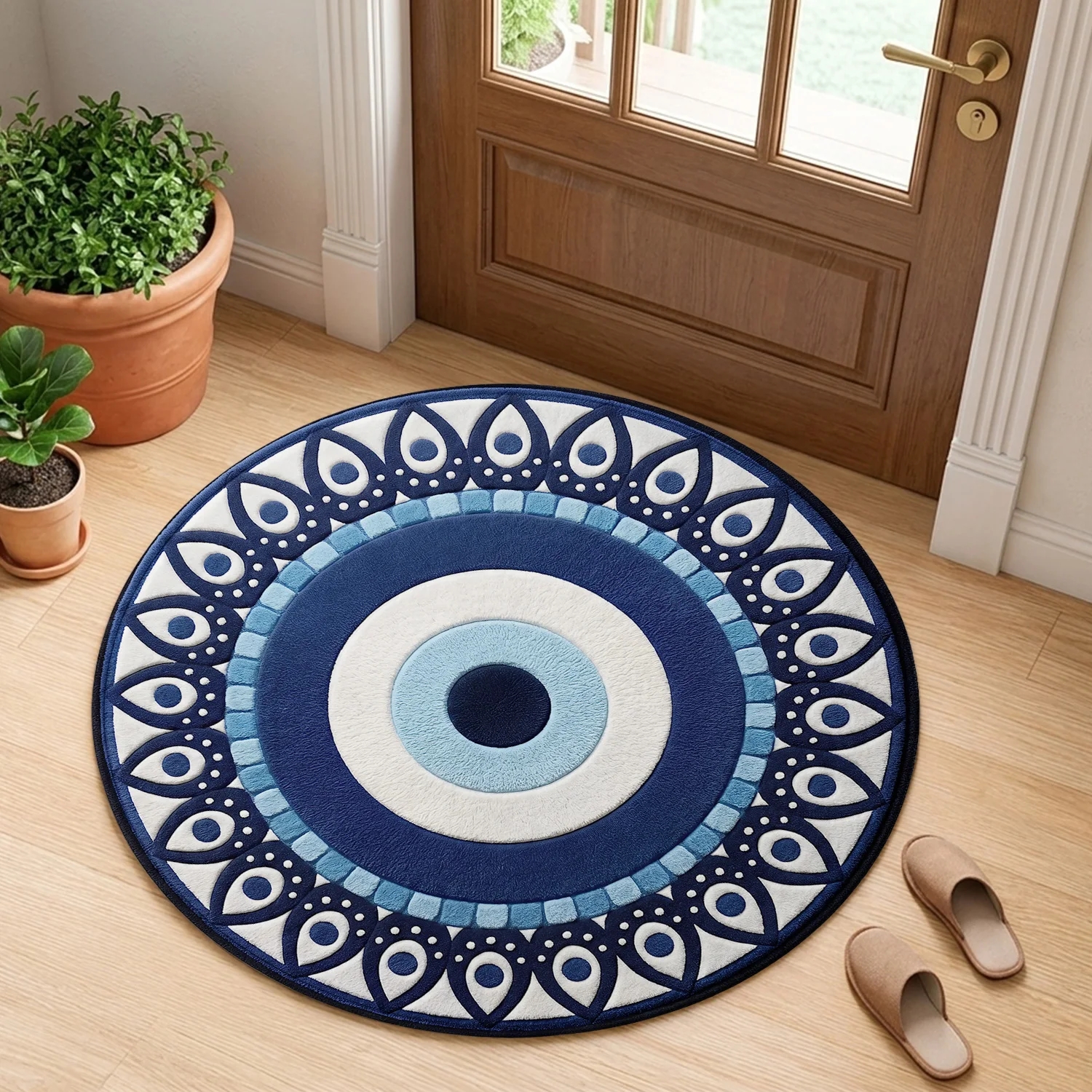 Classic Evil Eye Round Floor Mat, Mediterranean Blue & White Geometric Design for Spiritual & Modern Home Decor