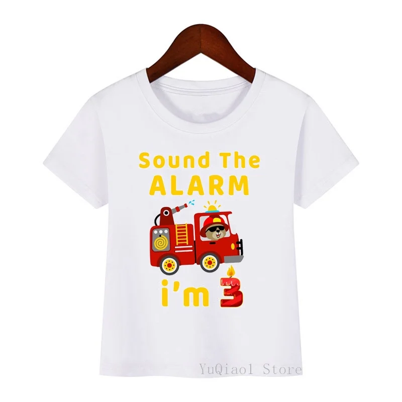 

Children Fashion Fire Engine/ Fire Truck Print Tshirt 1-8 Year Baby Boy's White Short Sleeve T Shirt Summer Birthday Party Gift