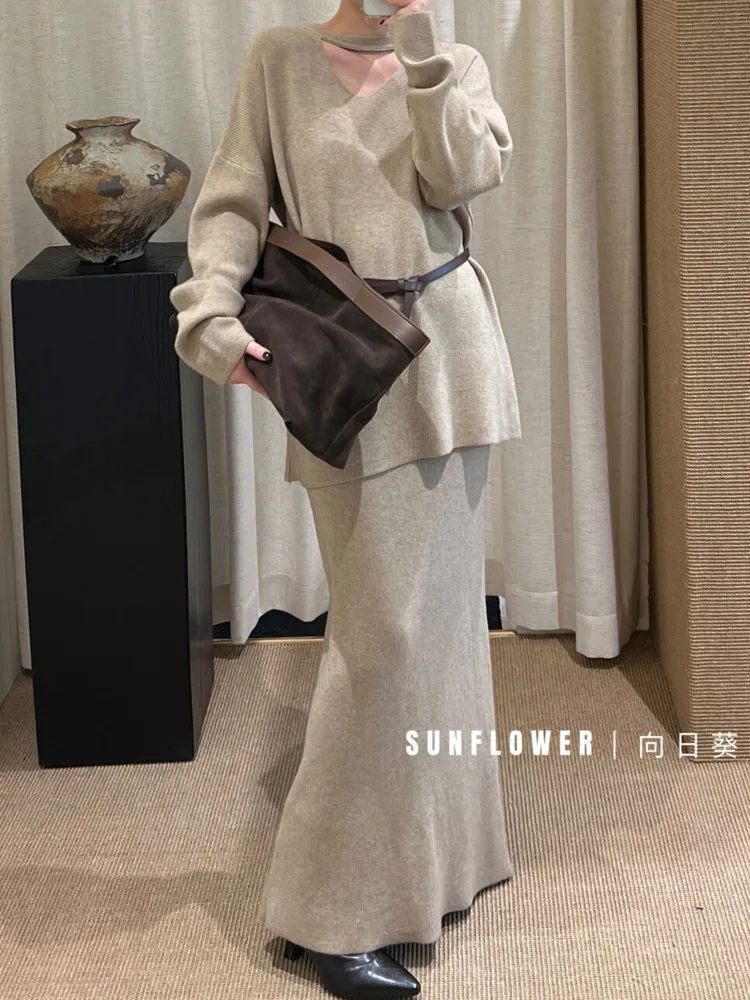 BJTZ Retro Knit Sweater Dress Set Women 2025 Vintage Loose Lounge Comfortable Elegant Simple Premium  Casual Warm Autumn Winter