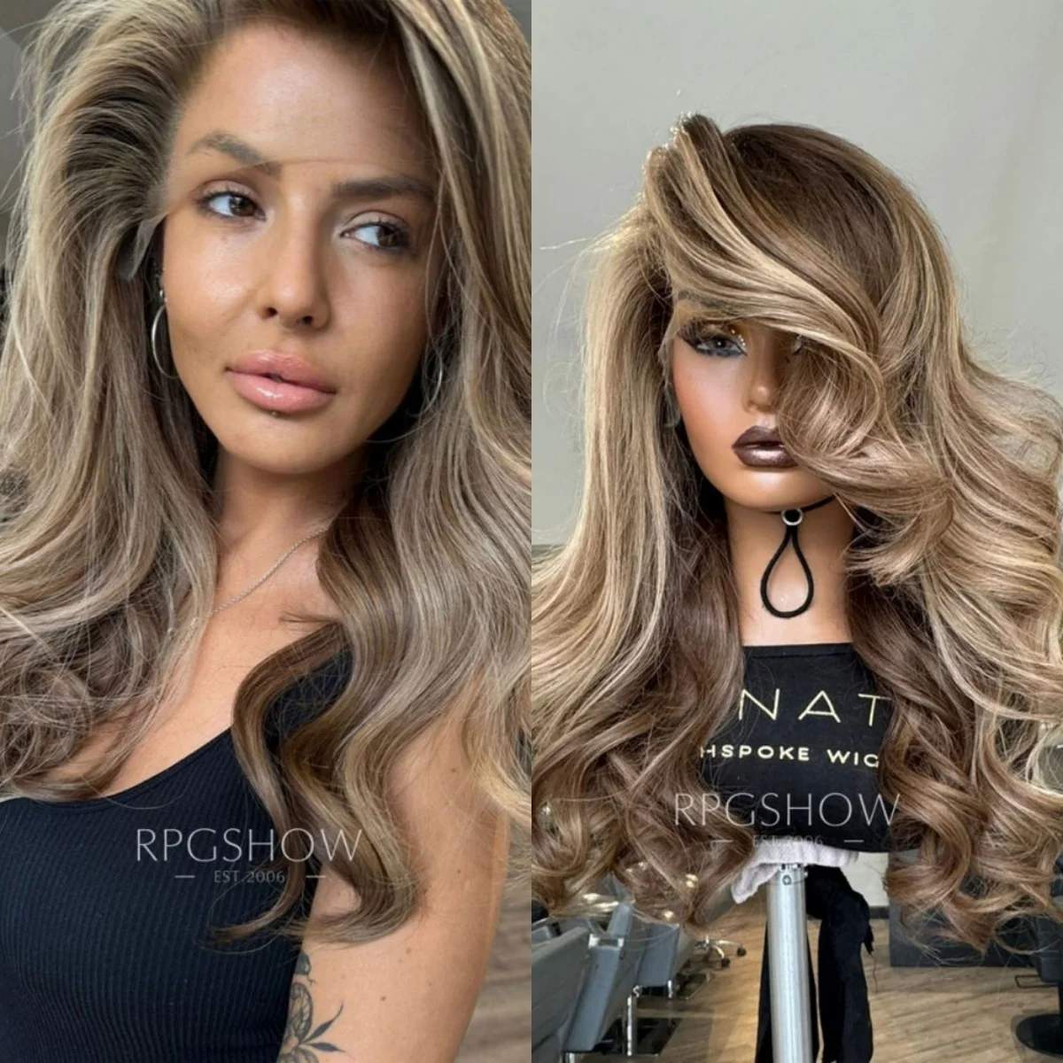 

24" Ombre Warm Brown Synthetic Lace Frontal Wigs For Women Highlights Loose Wave Preplucked Hairline for Women Cosplay Daily Use