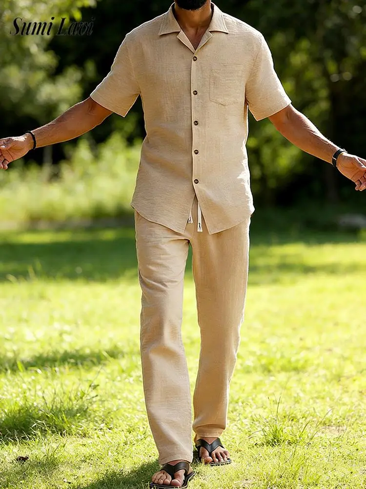 

Мужские повседневные комплекты из двух предметов на весну-лето 2026: рубашки с коротким рукавом и брюки однотонного цвета, винтажные наборы для отдыха