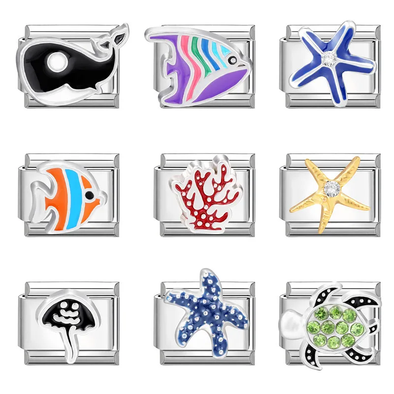 WG 1pc Italian Modular Stainless Steel DIY Patch Animal Plant Ocean Series Elastic Charm Bracelet Jewelry