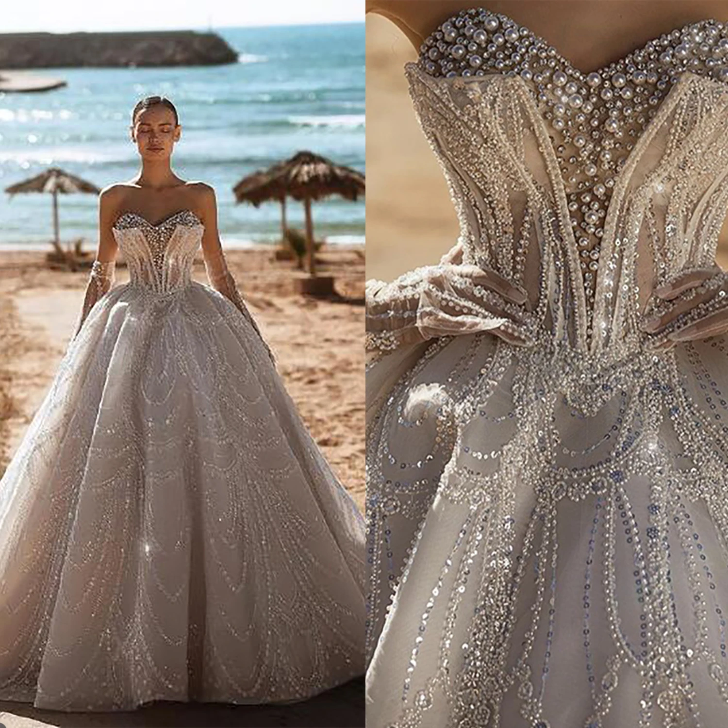 Summer Beach Gorgeous A Line Wedding Dresses Sweetheart Sequined Pearl Bridal Gown Sweep Train Vestidos De Novia Custom Size