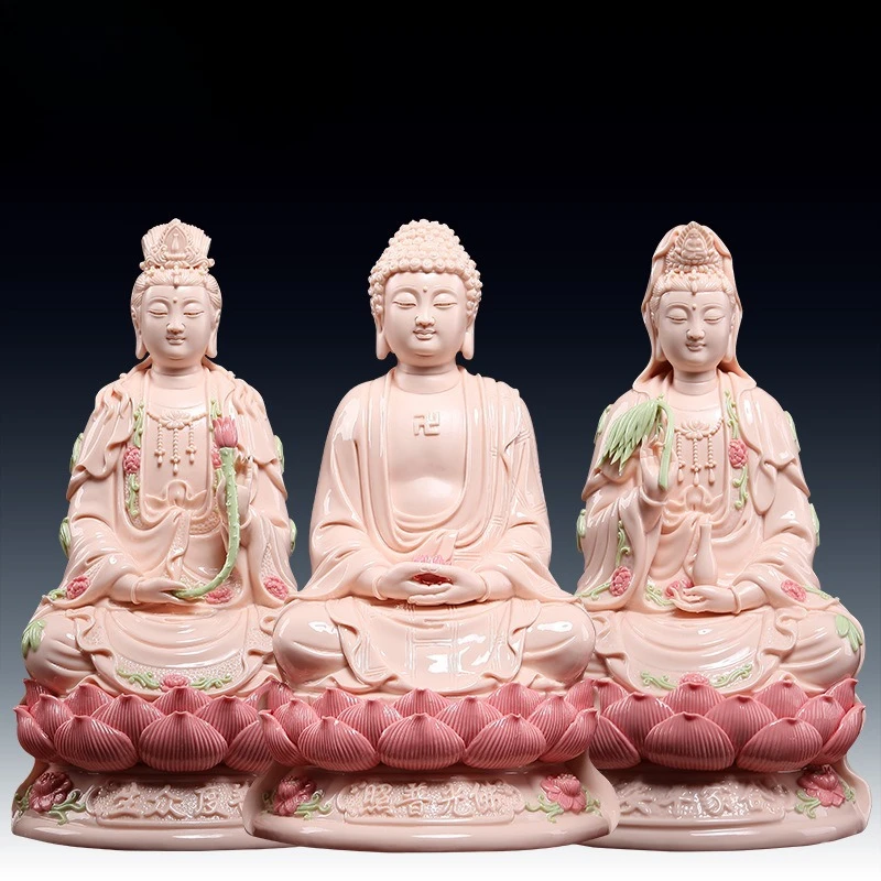 

Ceramic ornament Family Peace Western Three Saints Statue Jade Red" Buddha statue living room offering