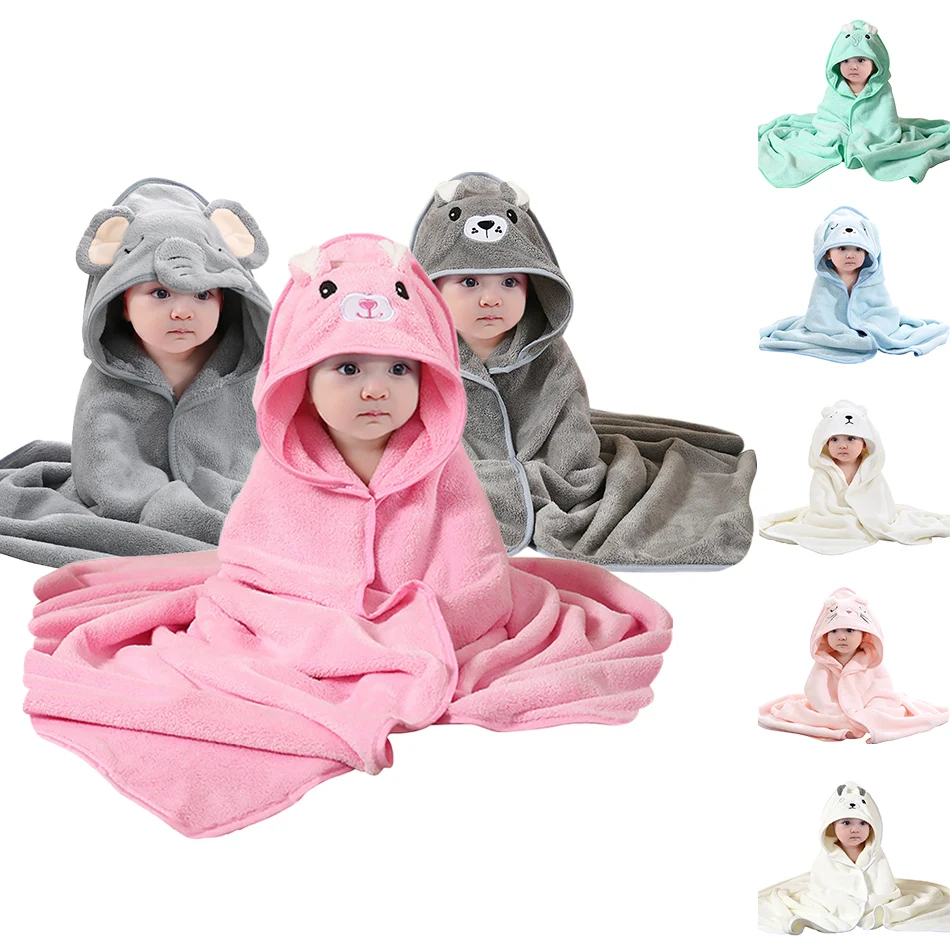 

Baby Solid Color Cartoon Coral Fleece Super Soft 80*80cm Hooded Bath Towel Bathrobe Swaddle Bath Towel Spring And Autumn New